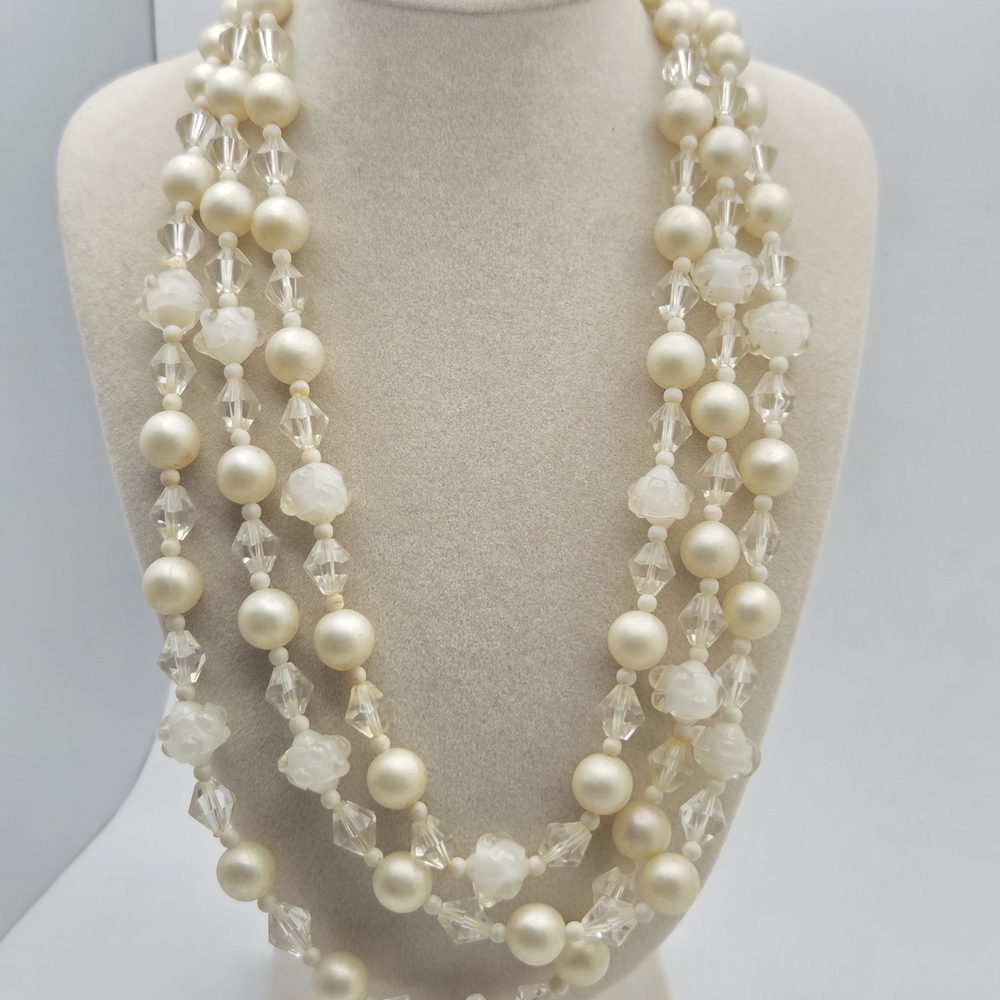 Vintage Japan Triple Strand Faux Pearl & Molded Sugar Bead Necklace